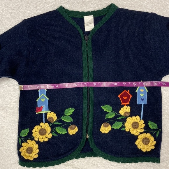 Vintage 90’s navy blue zip sweater with flowers and bird houses euc size 6 - Picture 3 of 7